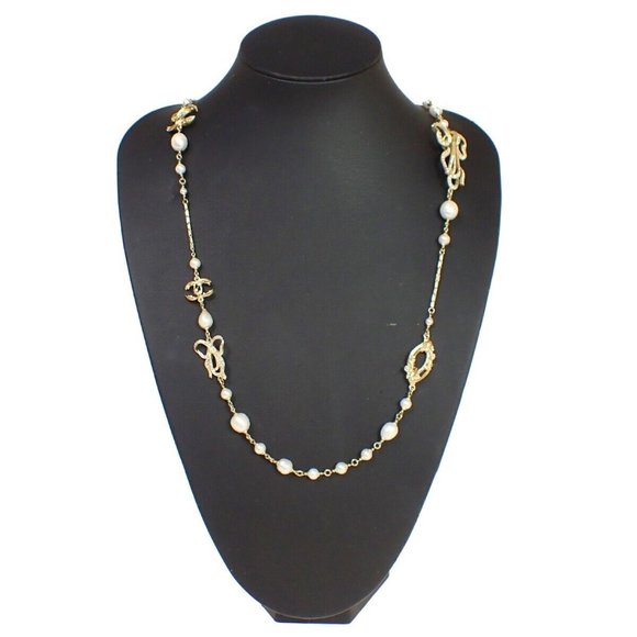 CHANEL CC Rhinestone Imitation Pearl Ribbon Chain Necklace 13C White GHW 20RJ332 - Picture 1 of 13